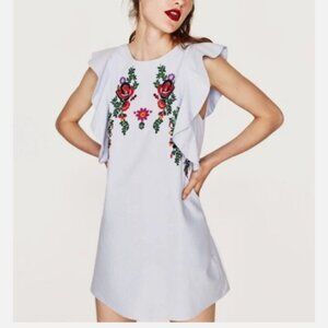 Zara Floral Embroidered Blue Cotton Flutter Sleeve Sun Dress with Pockets S